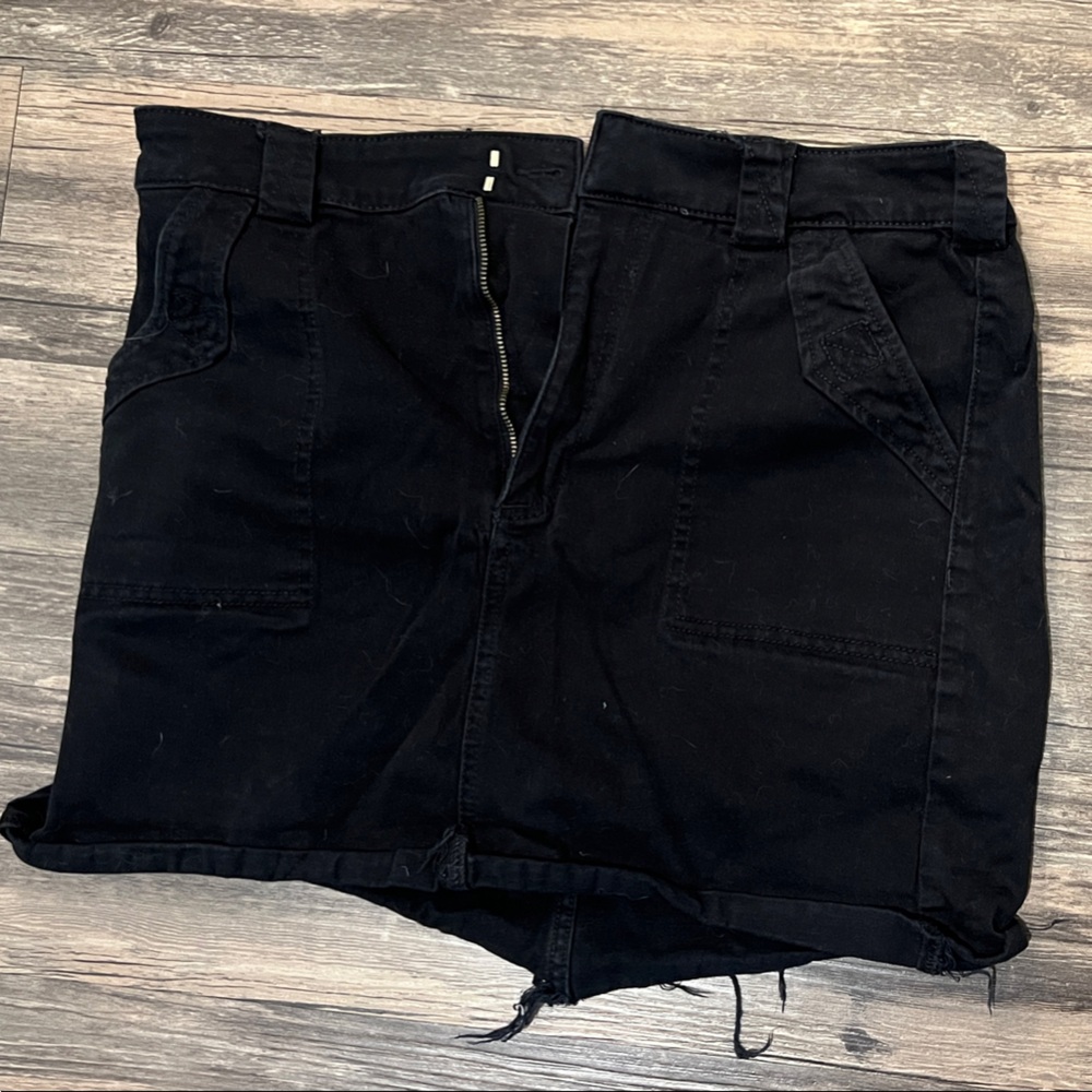 Express Black Distressed Mini Skirt with Zip and Button Tab